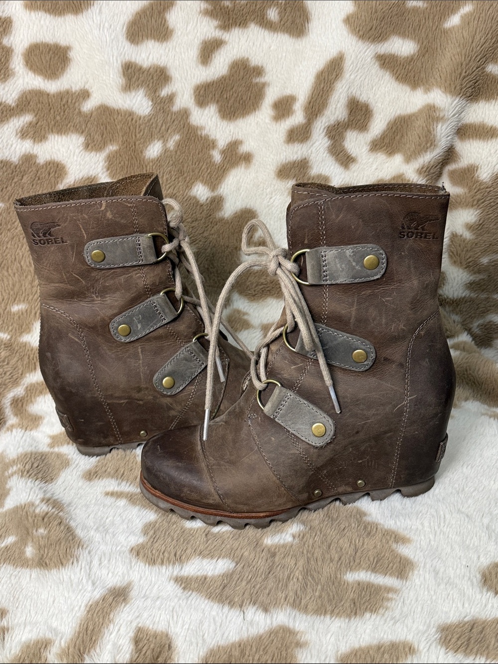 Sorel Brown Leather Lace-Up Wedge Boots